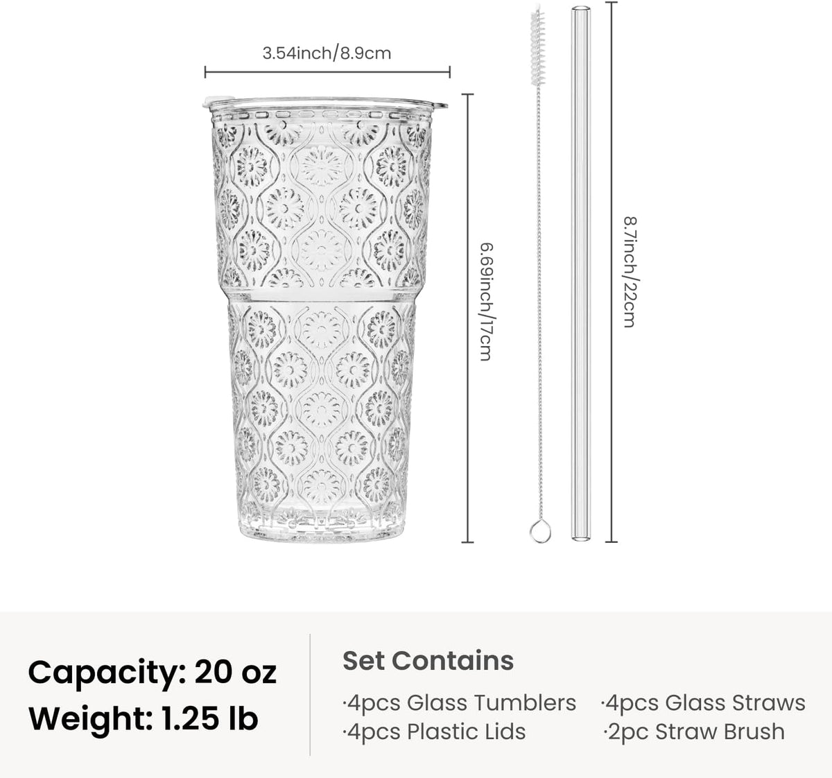INSETLAN 20 oz Iced Coffee Cups with Lids and Straw, Set of 4 Glass Tumbler