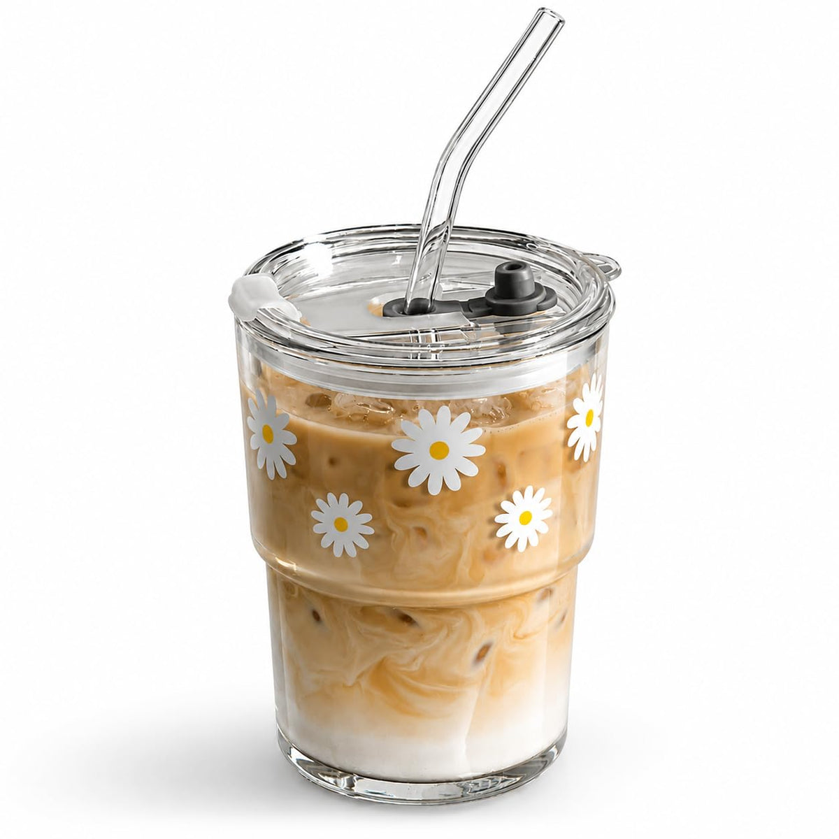Olvini 13oz Glass Tumbler with Straw and Lid, Reusable Iced Coffee Cup Tumbler, Cute Glass Cups for Water, Matcha, Travel Coffee Mugs (Clear)