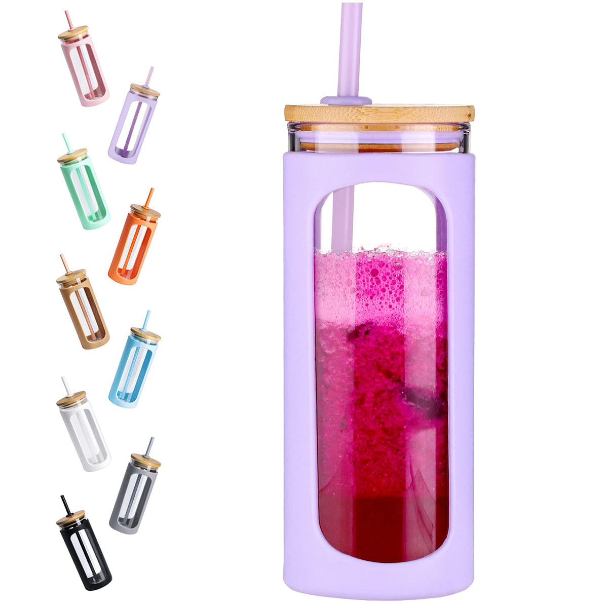 Kodrine 20oz Glass Water Tumbler with Straw and Lid, Bamboo Lids Water Bottle, Iced Coffee Cup Reusable, Wide Mouth Smoothie Cups with Protective Silicone Sleeve BPA FREE-Amber