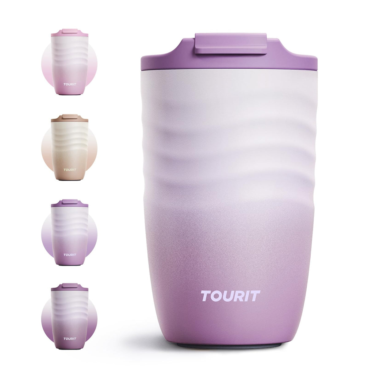 TOURIT 12 oz Travel Coffee Mug, Vacuum Insulated Stainless Steel Tumbler with Ripple-Wave Anti-Slip Grip, Built-in Silicone Bottom for Quiet & Stable, Leak-Proof Lid, Fits Car Cup Holder, Pink