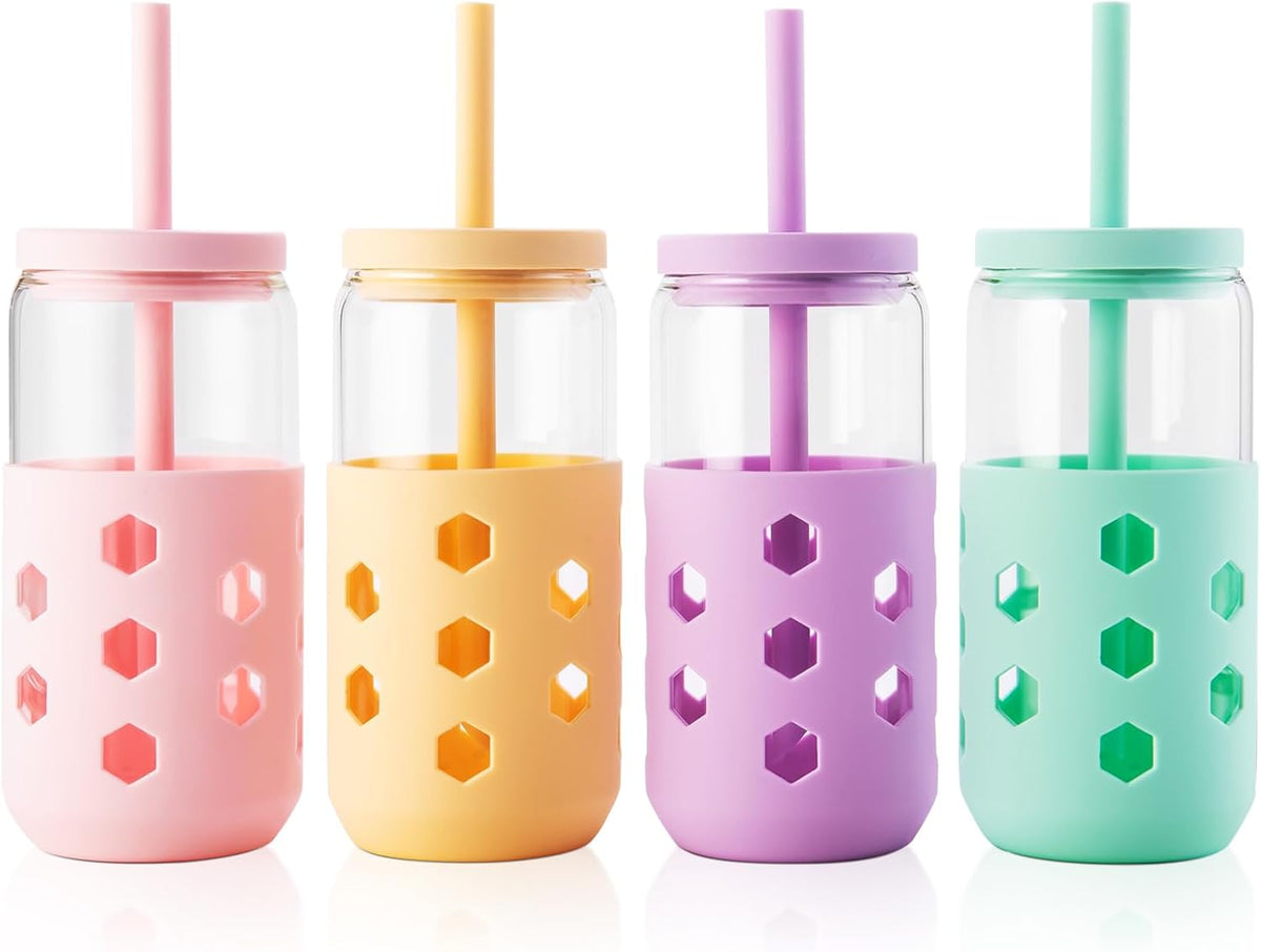 Mrsdry 16 oz Glass Cups with Lids and Straws for Gift, 4-Pack, Mint