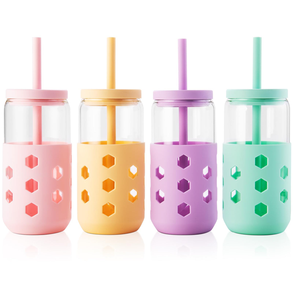 Mrsdry 16 oz Glass Cups with Lids and Straws for Gift, 4-Pack, Mint
