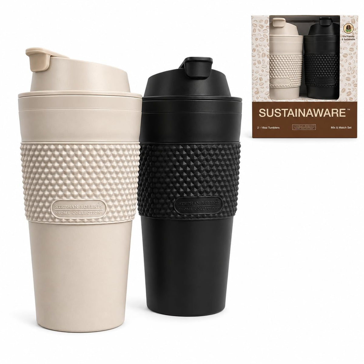 16 oz Coffee Tumbler Set (2 Pack) – Insulated Double Wall Travel Mug with Leak Proof Lid, Cup Holder Friendly, BPA Free Reusable Coffee Cup, Dishwasher & Microwave Safe, Brown