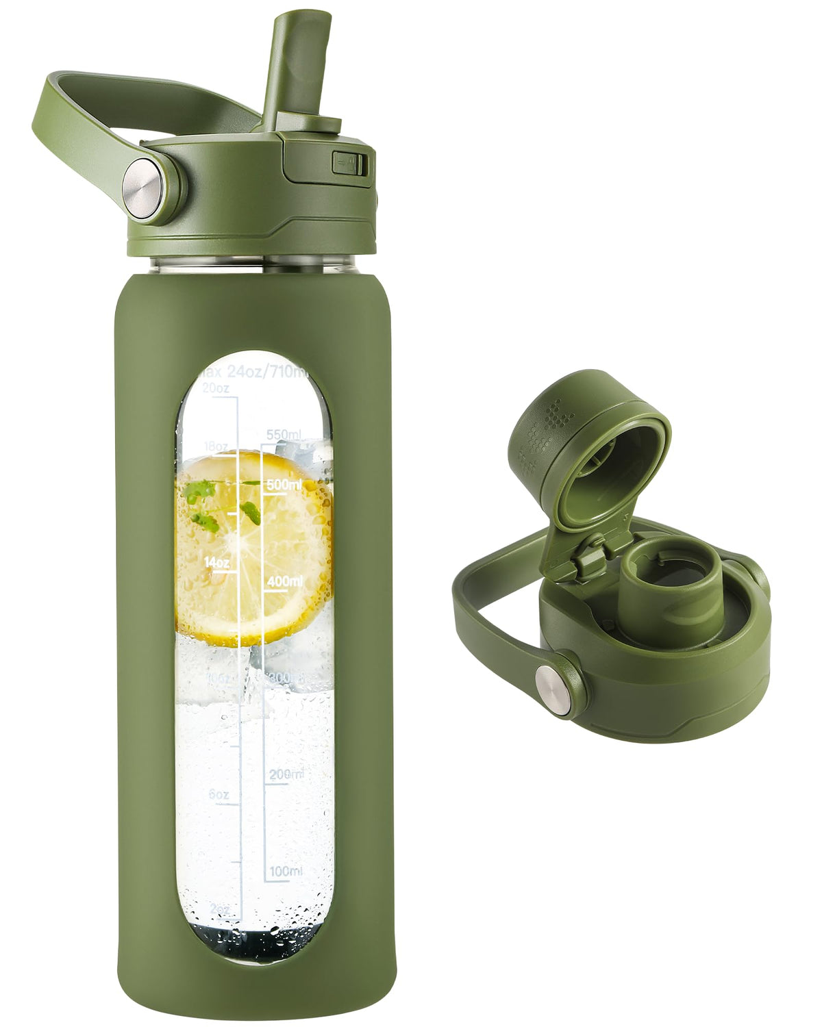 CIVAGO 64 oz Glass Water Bottle Jug with Detachable Straw and Time Maker