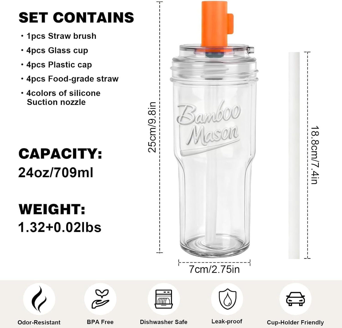 ANOTION Glass Cups With Lids And Straws, Leakproof Tumbler 24oz Mason Jar Coffee Cup, Cap Cup Leak-Proof, Silicone Straw, Reusable Iced Coffee Smoothie Matcha Cup Aesthetic Coffee Gifts Women 2pc