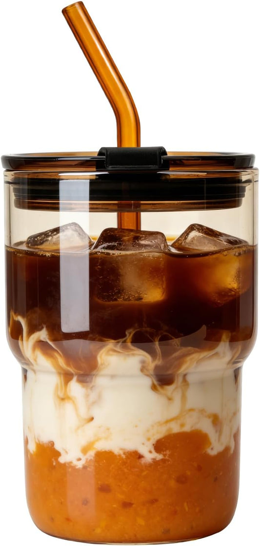 Luxfuel 16 oz Glass Cups with Lids and Straws Reusable Iced Coffee Tumbler
