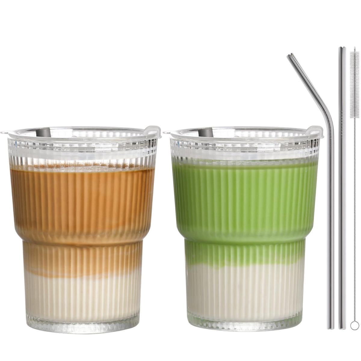 13oz Iced Coffee Cups,2Pcs Glass Cups with Lids and Straws Drinking Glasses,Clear Ribbed Glassware,Reusable Tumbler Glass to Go Cup for Matcha, Iced Tea,Juice