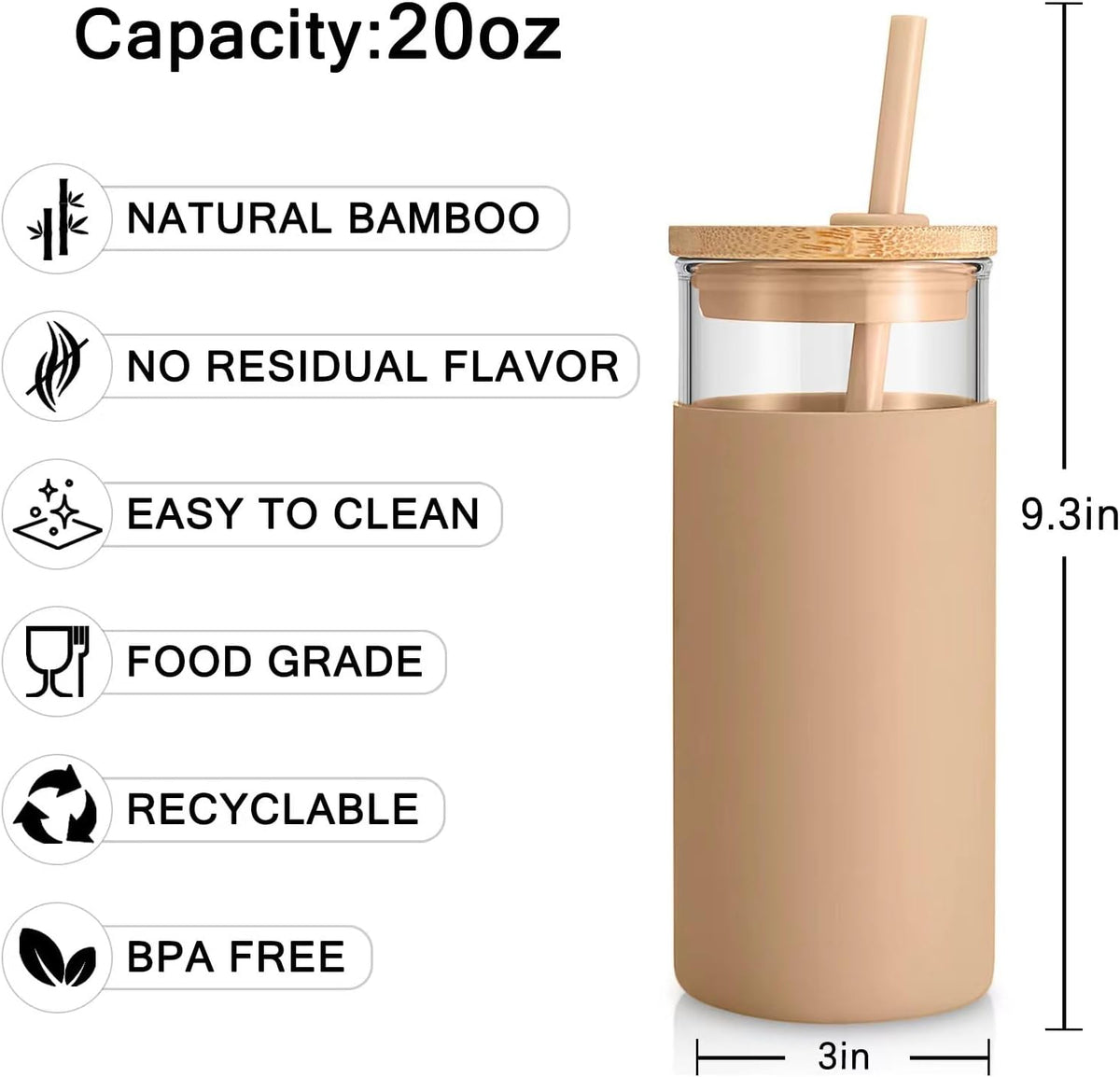 Tronco 20 oz Glass Tumbler with Lids and Straws, Reusable Iced Coffee Cups