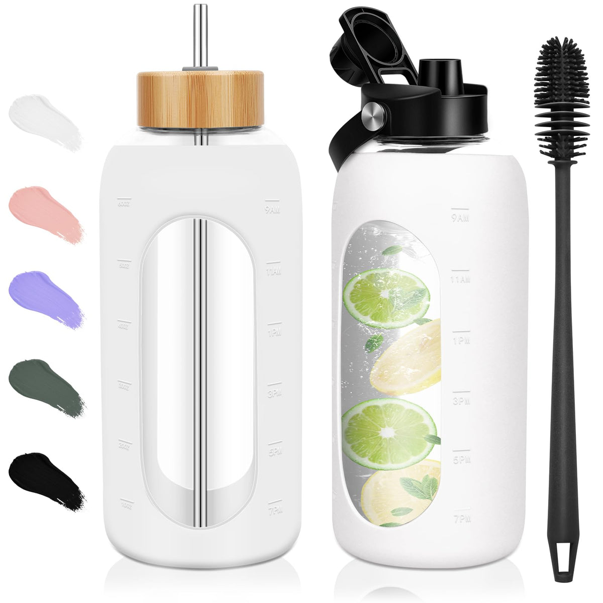 FULBEVY 32 oz Glass Water Bottles - 1 Liter Motivational Tumbler Water Bottle Time Marker - Borosilicate Glass Water Bottle With Silicone Sleeve and 2 Lids, Handle Spout & Bamboo Straw Lid (Olive)