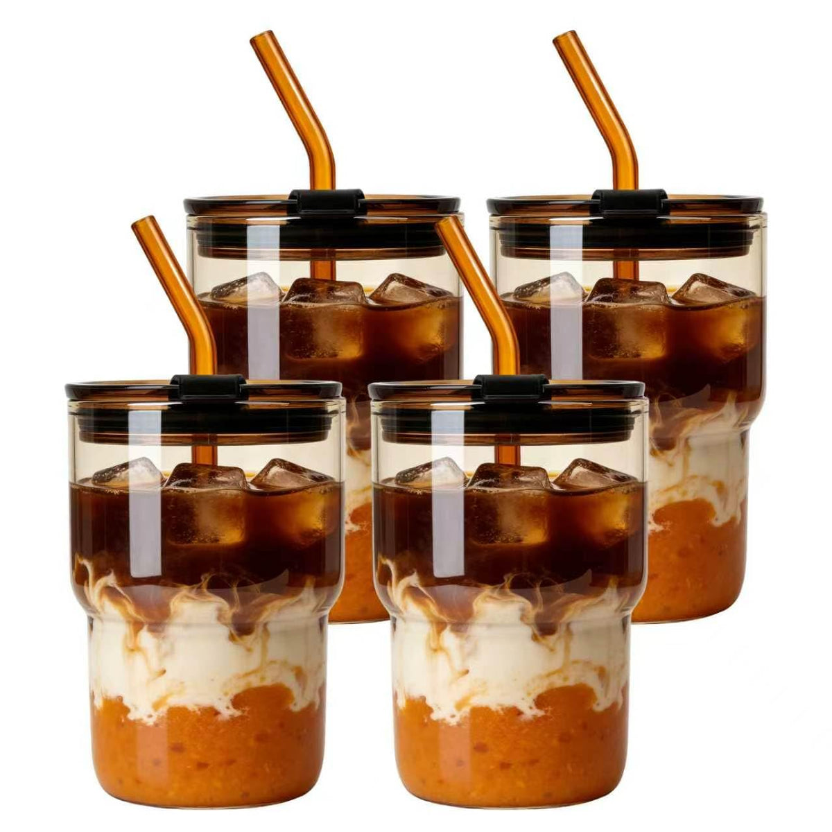 Luxfuel 16 oz Glass Cups with Lids and Straws Reusable Iced Coffee Tumbler