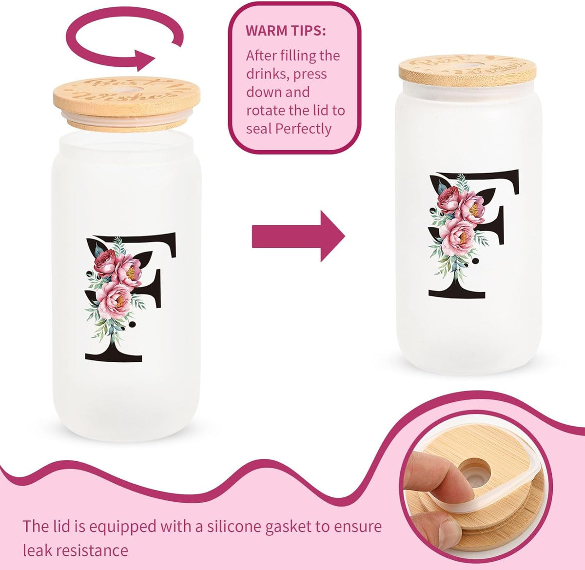 16oz Monogrammed Glass Tumbler, Frosted with Lid and Straw, Initial F