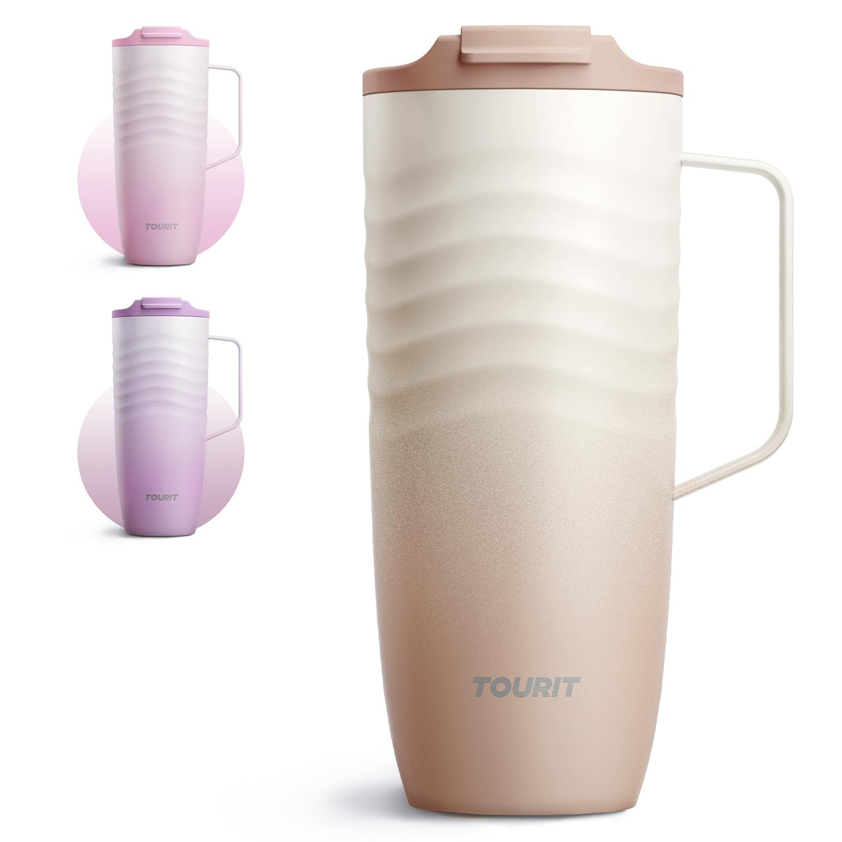 TOURIT 12 oz Travel Coffee Mug, Vacuum Insulated Stainless Steel Tumbler with Ripple-Wave Anti-Slip Grip, Built-in Silicone Bottom for Quiet & Stable, Leak-Proof Lid, Fits Car Cup Holder, Pink