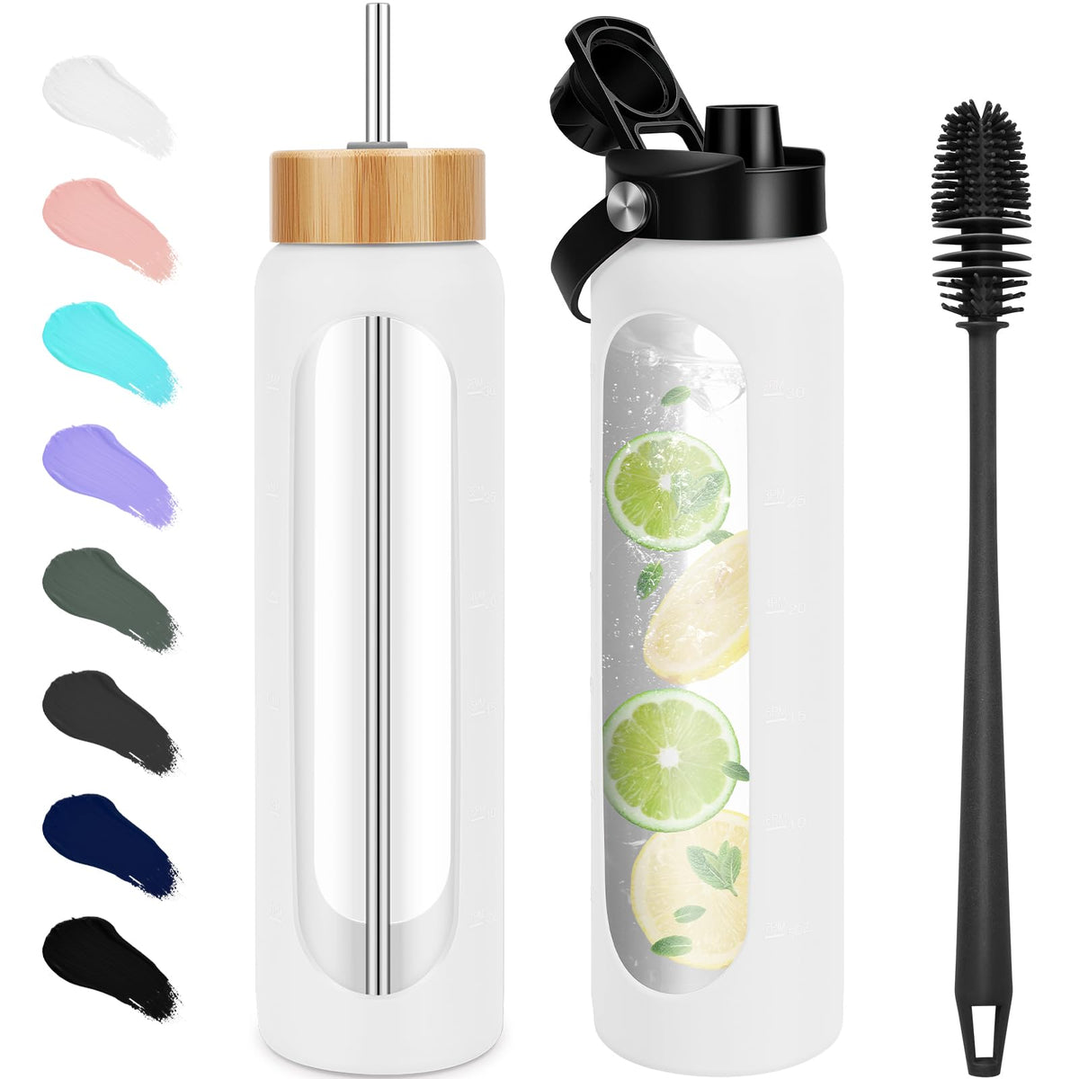 FULBEVY 32 oz Glass Water Bottles - 1 Liter Motivational Tumbler Water Bottle Time Marker - Borosilicate Glass Water Bottle With Silicone Sleeve and 2 Lids, Handle Spout & Bamboo Straw Lid (Olive)