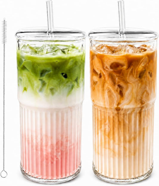 Luiaiog 20 oz Glass Cups with Lids and Straws Set of 2, Ribbed Glass Coffee Cups for Iced Coffee, Matcha, Cold Brew, Smoothie, Boba, Reusable Clear Glass Tumbler with Cleaning Brush