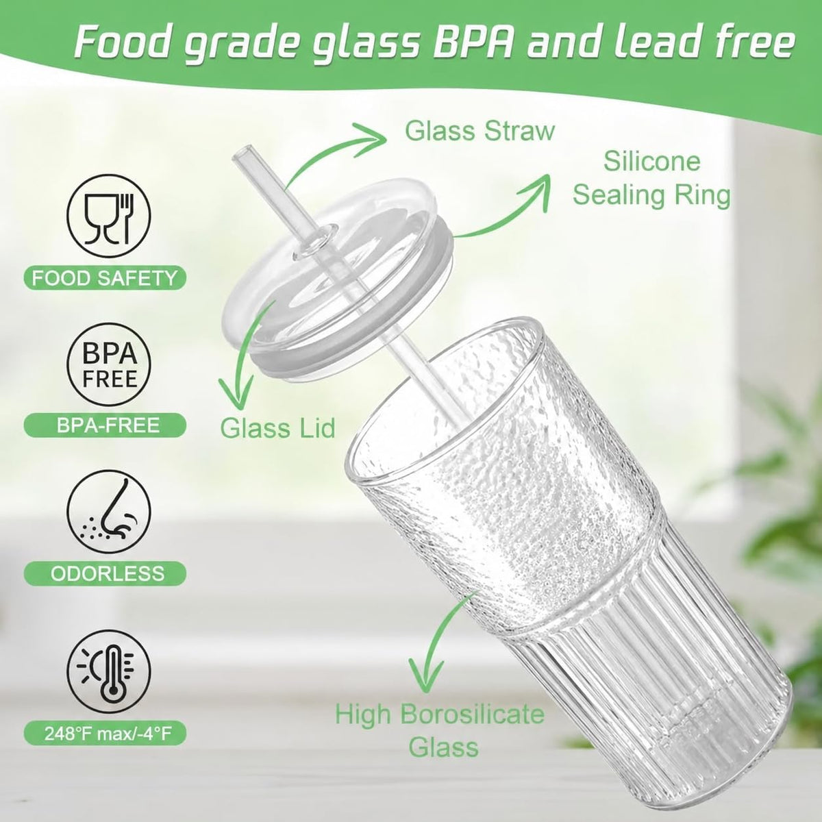 Luiaiog 20 oz Glass Cups with Lids and Straws Set of 2, Ribbed Glass Coffee Cups for Iced Coffee, Matcha, Cold Brew, Smoothie, Boba, Reusable Clear Glass Tumbler with Cleaning Brush