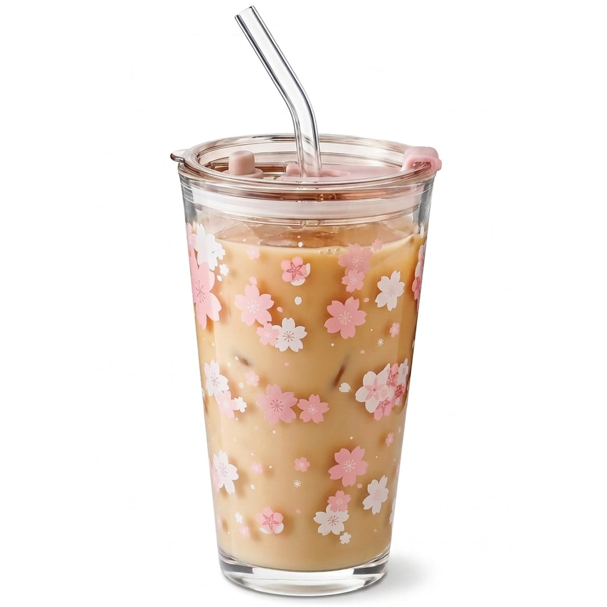 Olvini 15oz Glass Tumbler with Straw and Lid, Cute Iced Coffee Cups, Aesthetic Glass Cups, Coffee Tumbler, Water Cup, Matcha Cup, Drinking Glasses (Amber)
