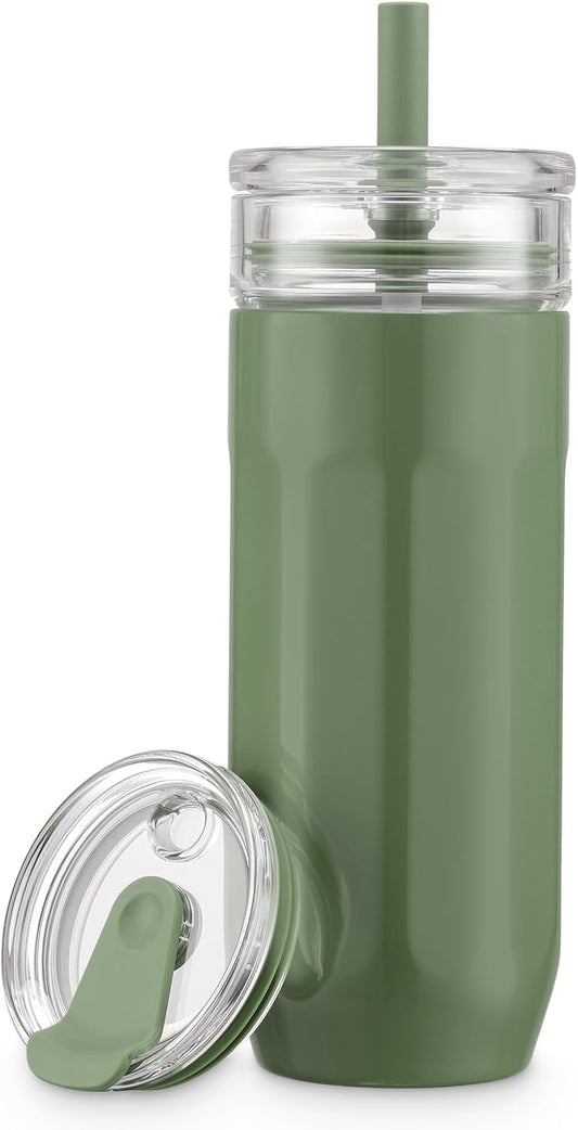 chunmo 18 oz Vacuum Insulated Glass Tumbler with Straw Lid & Spout Lid - Keeps Drinks Cold for 12 Hrs - Perfect Size Iced Coffee Cup - Smoothie Cup - Dishwasher Safe