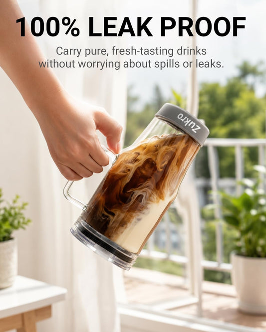 Zukro 32 oz Glass Water Tumbler with Handle & Straw, 2-in-1 Leak Proof Lid