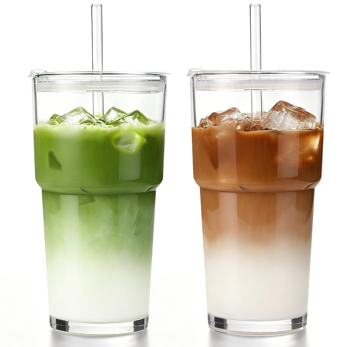 Iced Coffee Cups with Lids,Glass Cups with Lids and Straws,2 Coffee Tumbler