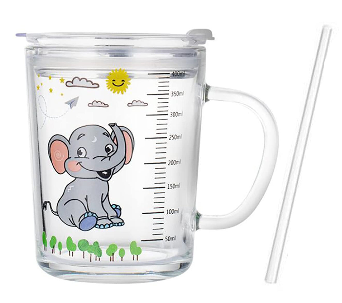 Kids Straw Cup with Lid and Handle,14oz Cute Glass Tumbler with Scale for Water, Tea, Milk Coffee