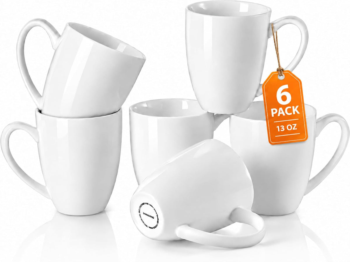 White Porcelain Coffee Mugs Set of 6, 13 Ounce Coffee Cups with Handle, Ceramic Tea Mugs for Latte, Hot Tea, Cappuccino, Mocha, Cocoa, Mug Gift Set, Dishwasher and Microwave Safe