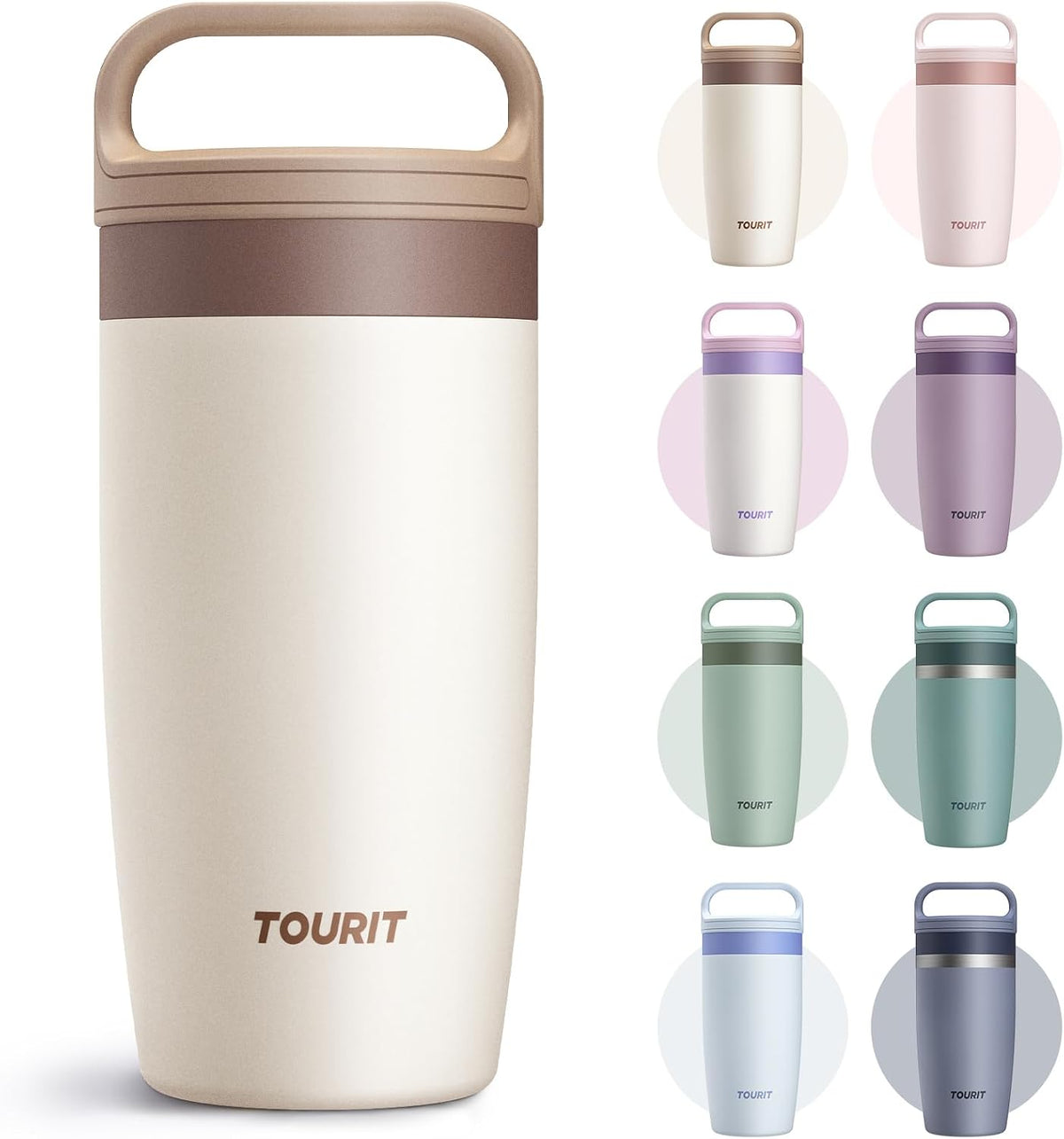 TOURIT Travel Coffee Mug 16 oz,Leakproof 2-Part Drink Lid Tumbler,Off-White