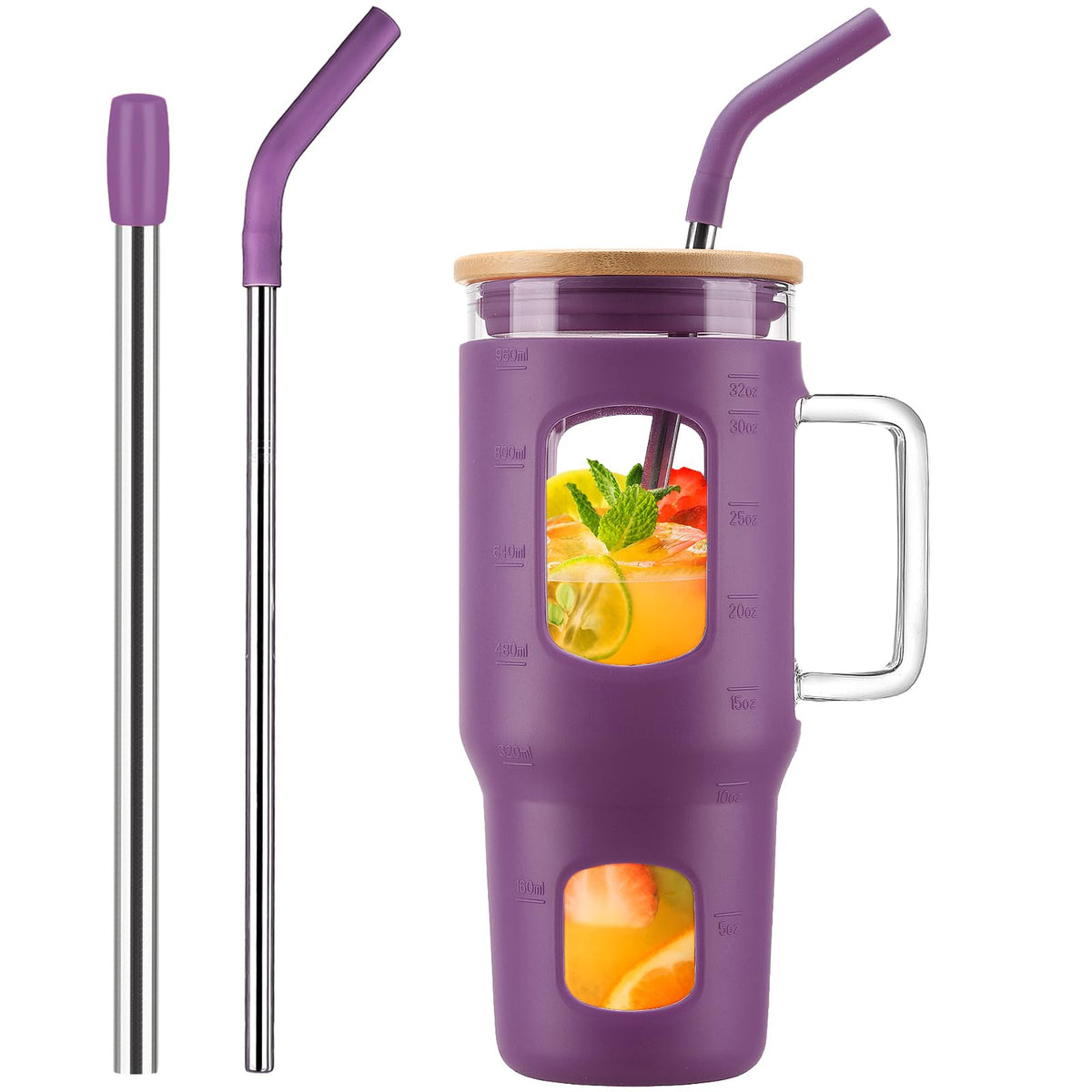 WINSA Glass Tumbler with Straw and Lid, 40 oz, Olive