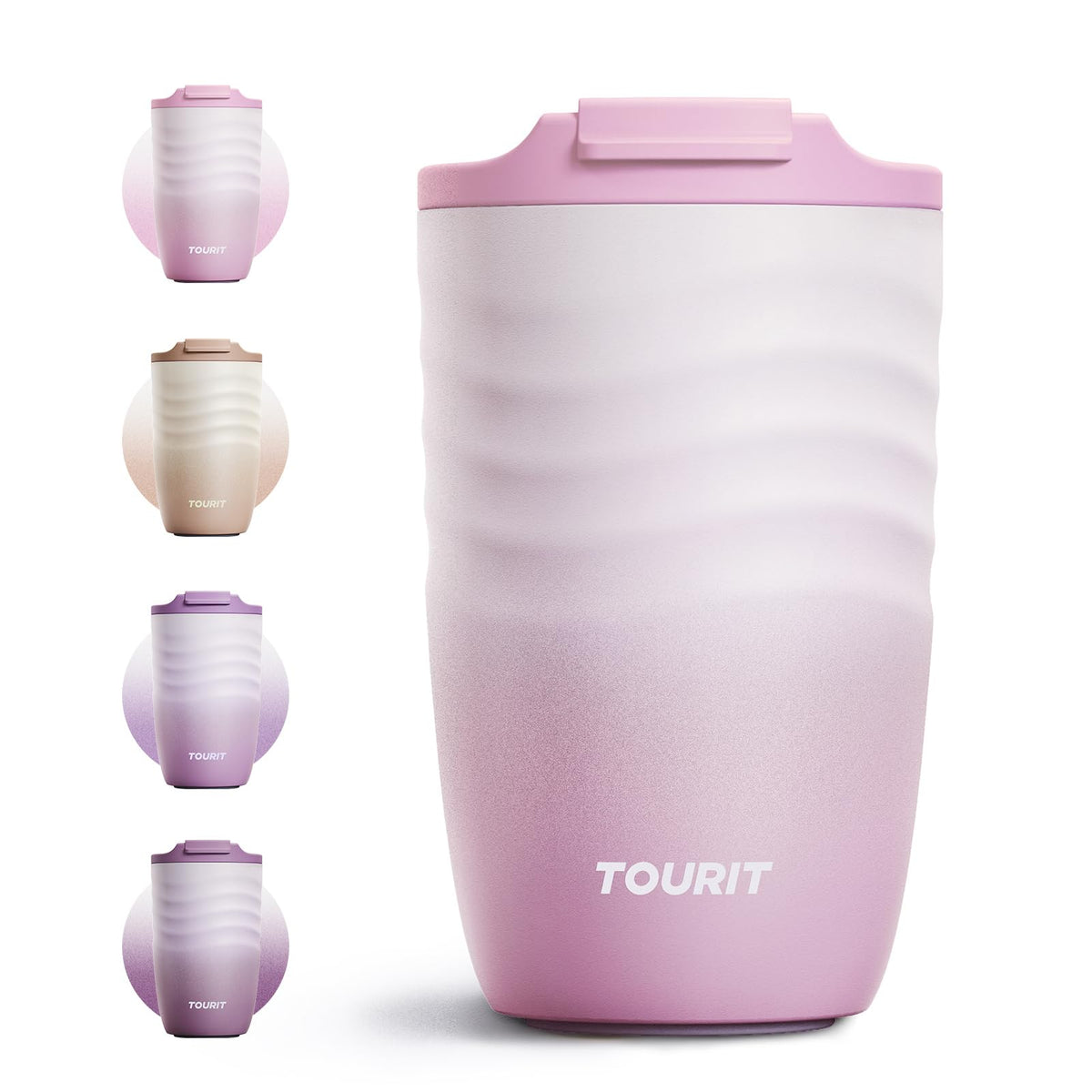 TOURIT 12 oz Travel Coffee Mug, Vacuum Insulated Stainless Steel Tumbler with Ripple-Wave Anti-Slip Grip, Built-in Silicone Bottom for Quiet & Stable, Leak-Proof Lid, Fits Car Cup Holder, Pink