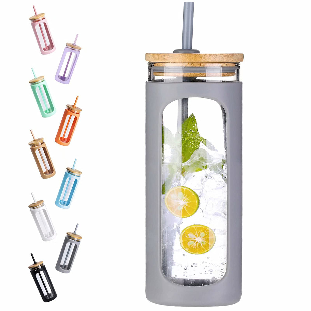 Kodrine 20oz Glass Water Tumbler with Straw and Lid, Bamboo Lids Water Bottle, Iced Coffee Cup Reusable, Wide Mouth Smoothie Cups with Protective Silicone Sleeve BPA FREE-Amber