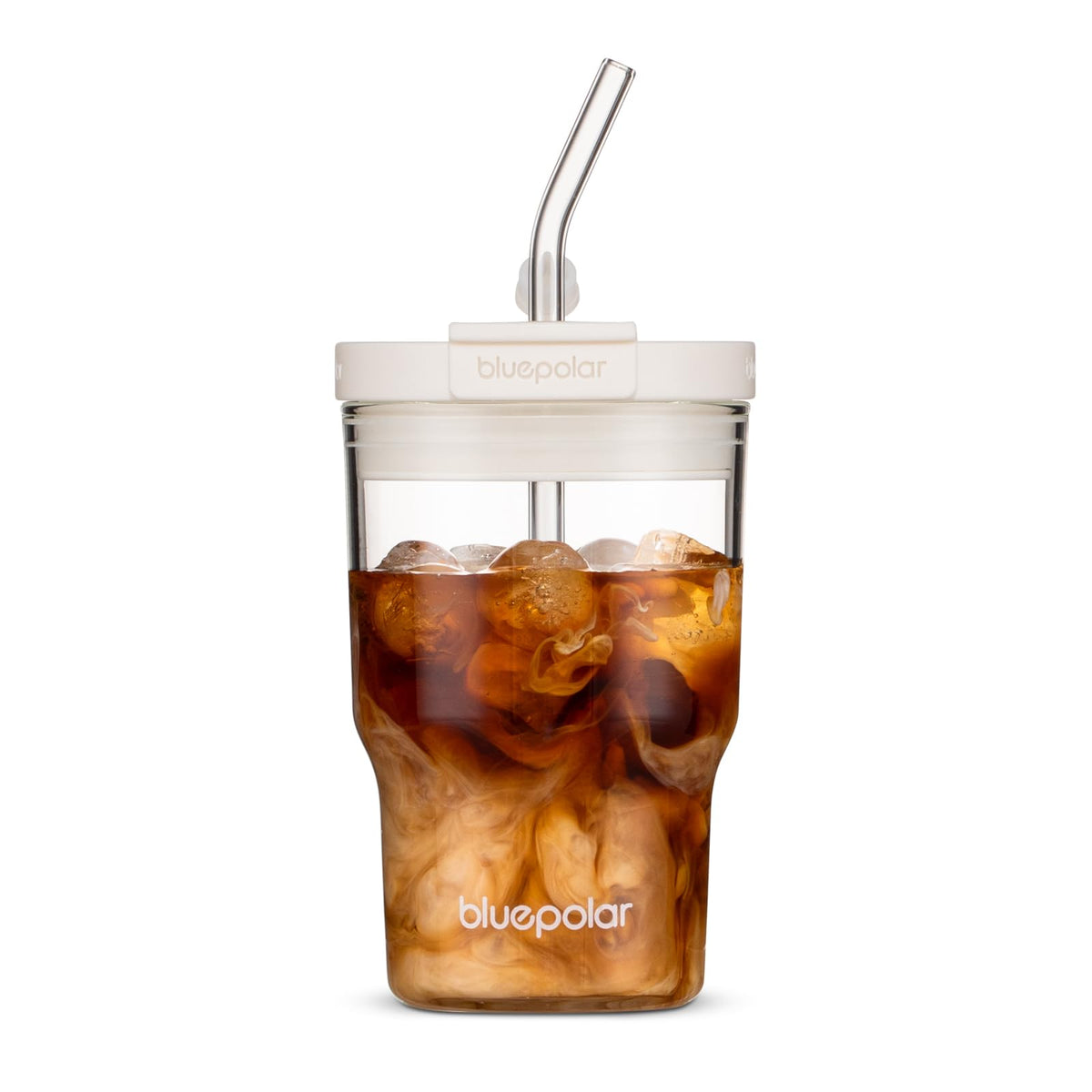 BLUEPOLAR 16oz/480ml Iced Coffee Cups With Lids And Straws,Reusable Leakproof Glass Tumbler,Water Bottles,Cold Brew,Drinking Jars For Juicing,Matcha,Tea,Smoothie For Travel,Office (Off-White)