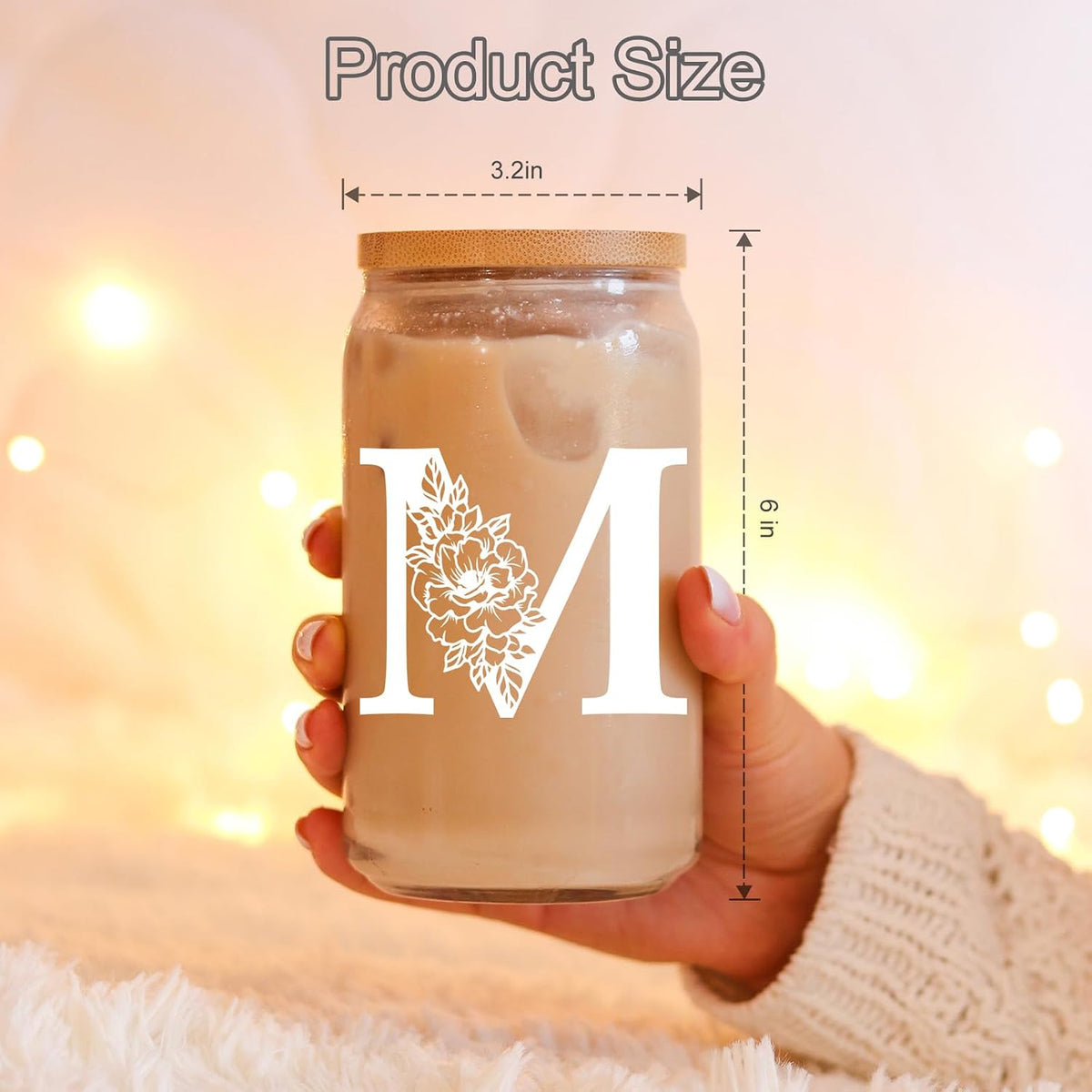 Coolife Initial Glass Cup, Monogrammed Gifts for Women, 16 oz Tumbler w/Lid