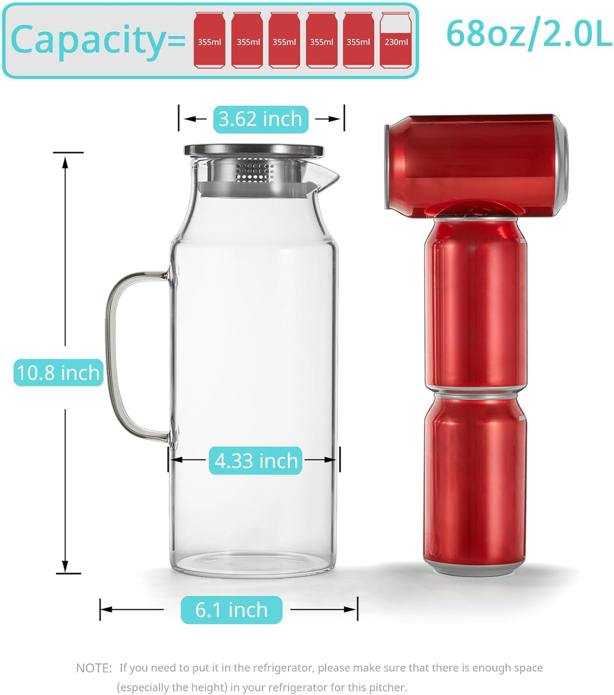 Bivvclaz 2 Liter 68 oz Glass Pitcher with Lid and Handle, Glass Carafe for Hot/Cold Water, Large Iced Tea Pitcher for Coffee, Juice and Homemade Beverage