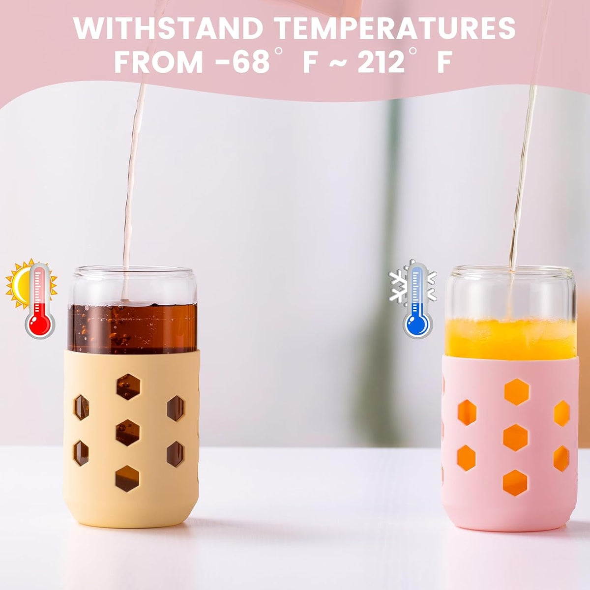 Mrsdry 16 oz Glass Cups with Lids and Straws for Gift, 4-Pack, Mint