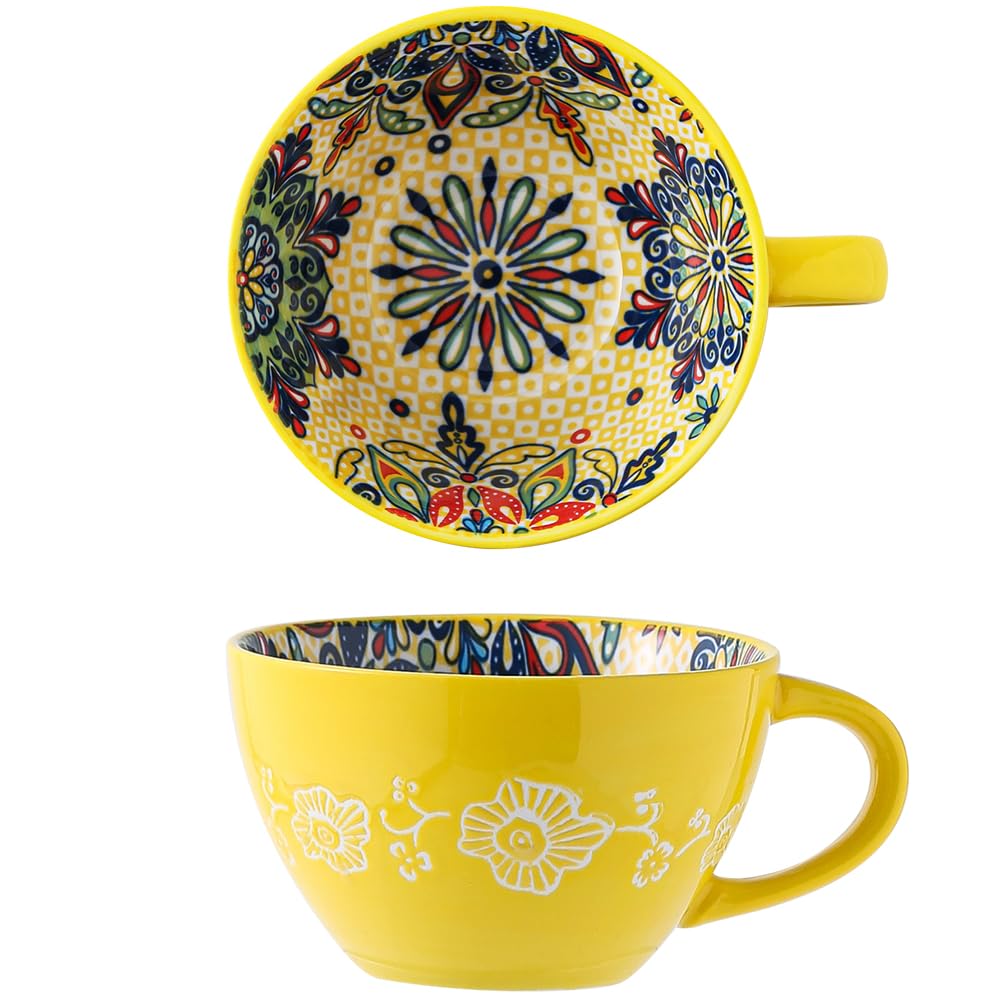 Bohemian Hand-Painted Ceramic Mug, 15 Oz Large Coffee Cup for Milk, Tea, and Breakfast, Dishwasher & Microwave Safe Artisan Cup, Orange