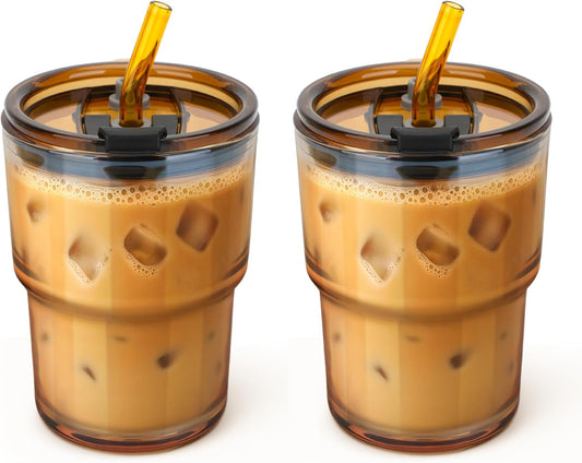 13 oz Glass Tumbler with Glass Straw and Lid