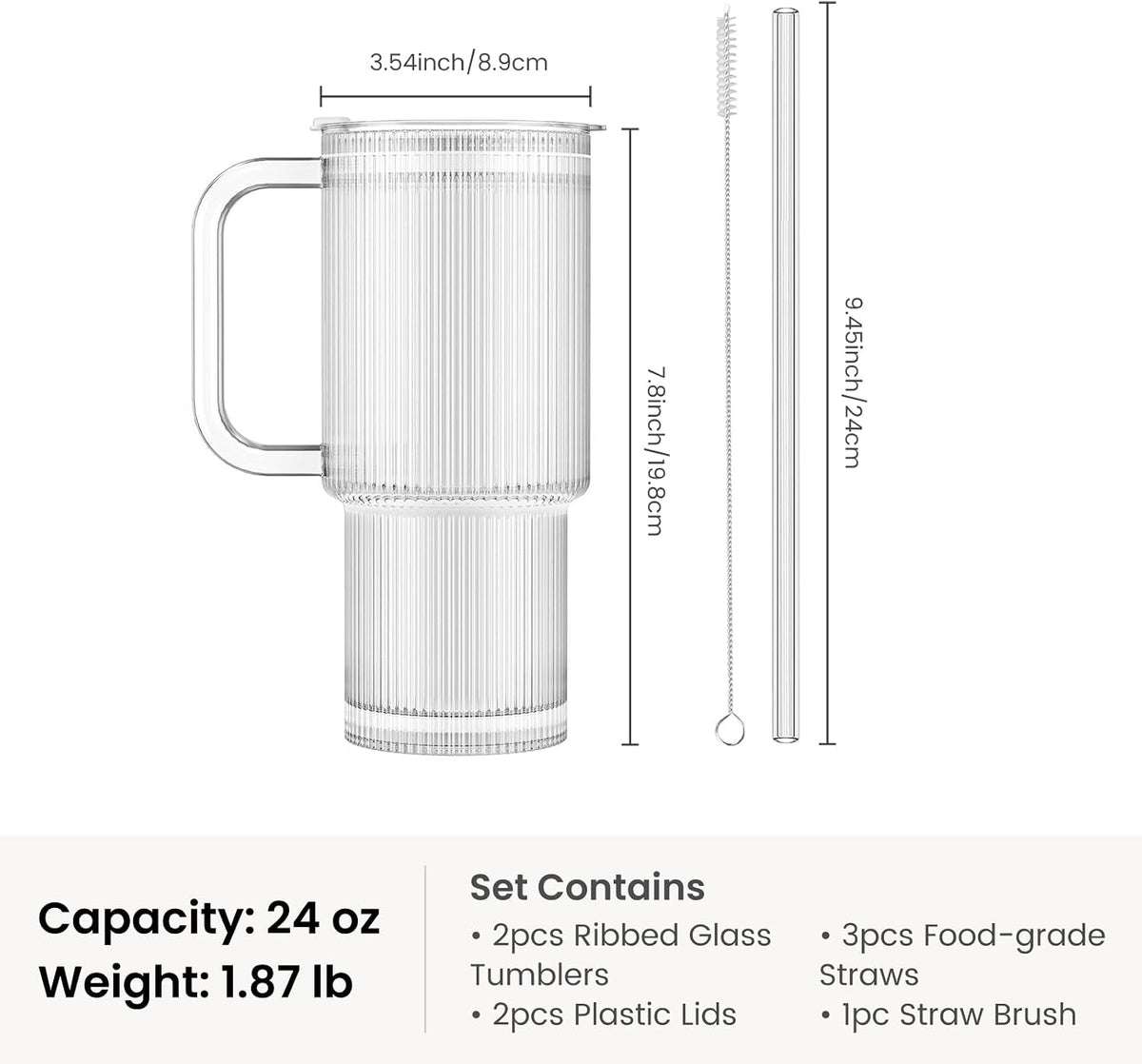 INSETLAN 24 oz Ribbed Glass Tumbler with Handle, 2-Pack Iced Coffee Cups