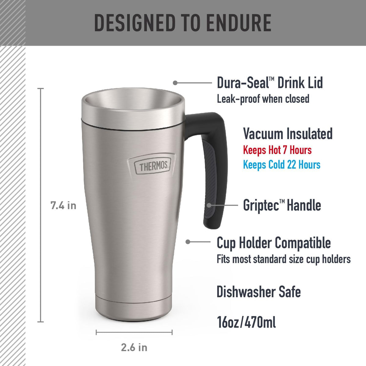 THERMOS ICON SERIES, Stainless Steel Mug, Matte Stainless Steel, 16 oz