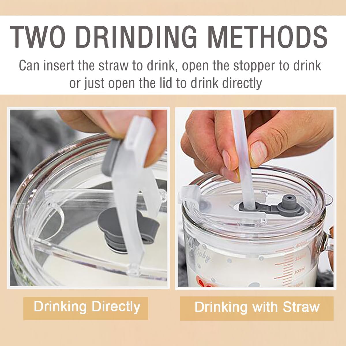 Kids Straw Cup with Lid and Handle,14oz Cute Glass Tumbler with Scale for Water, Tea, Milk Coffee