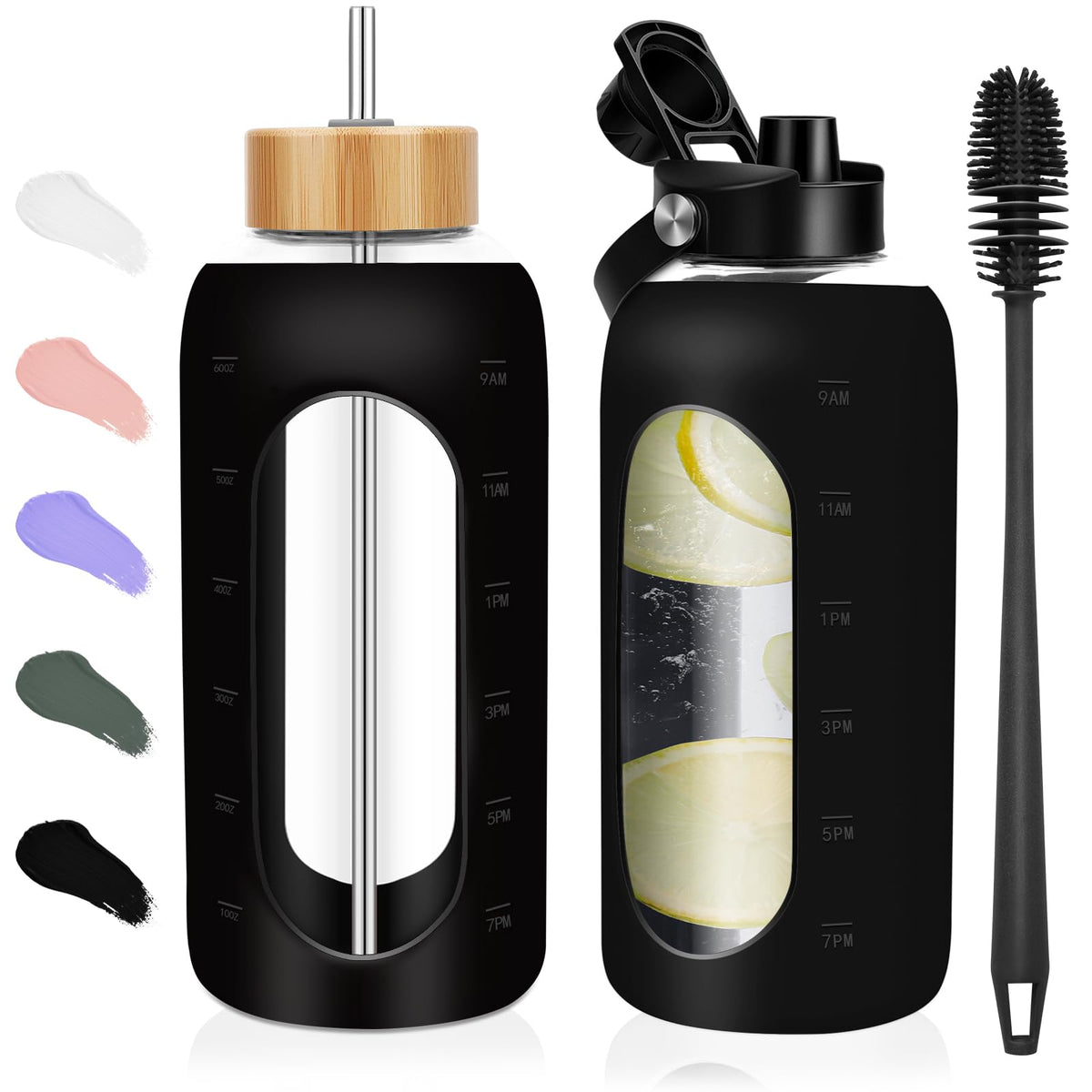 FULBEVY 32 oz Glass Water Bottles - 1 Liter Motivational Tumbler Water Bottle Time Marker - Borosilicate Glass Water Bottle With Silicone Sleeve and 2 Lids, Handle Spout & Bamboo Straw Lid (Olive)
