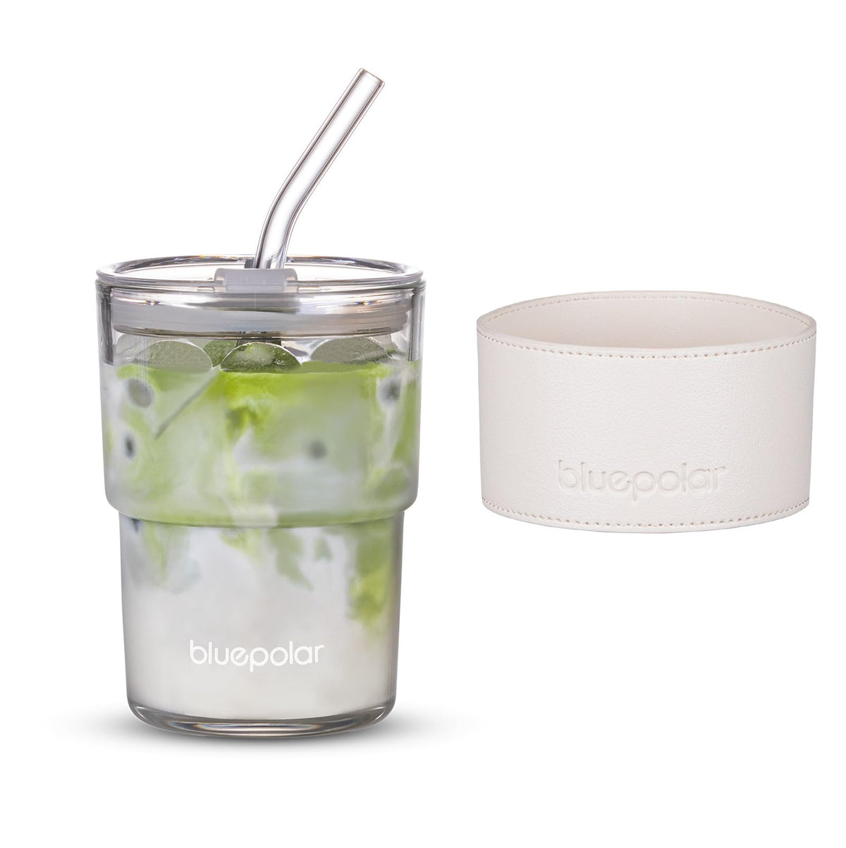 BLUEPOLAR 13oz/400ml Iced Coffee Cups with Lids and Straw，Sealed Carry On Thick Wall Glass Matcha Tumbler for Juice，Water, Late,Tea Fits Car Cup Holders for Office，Gym(Aurora White