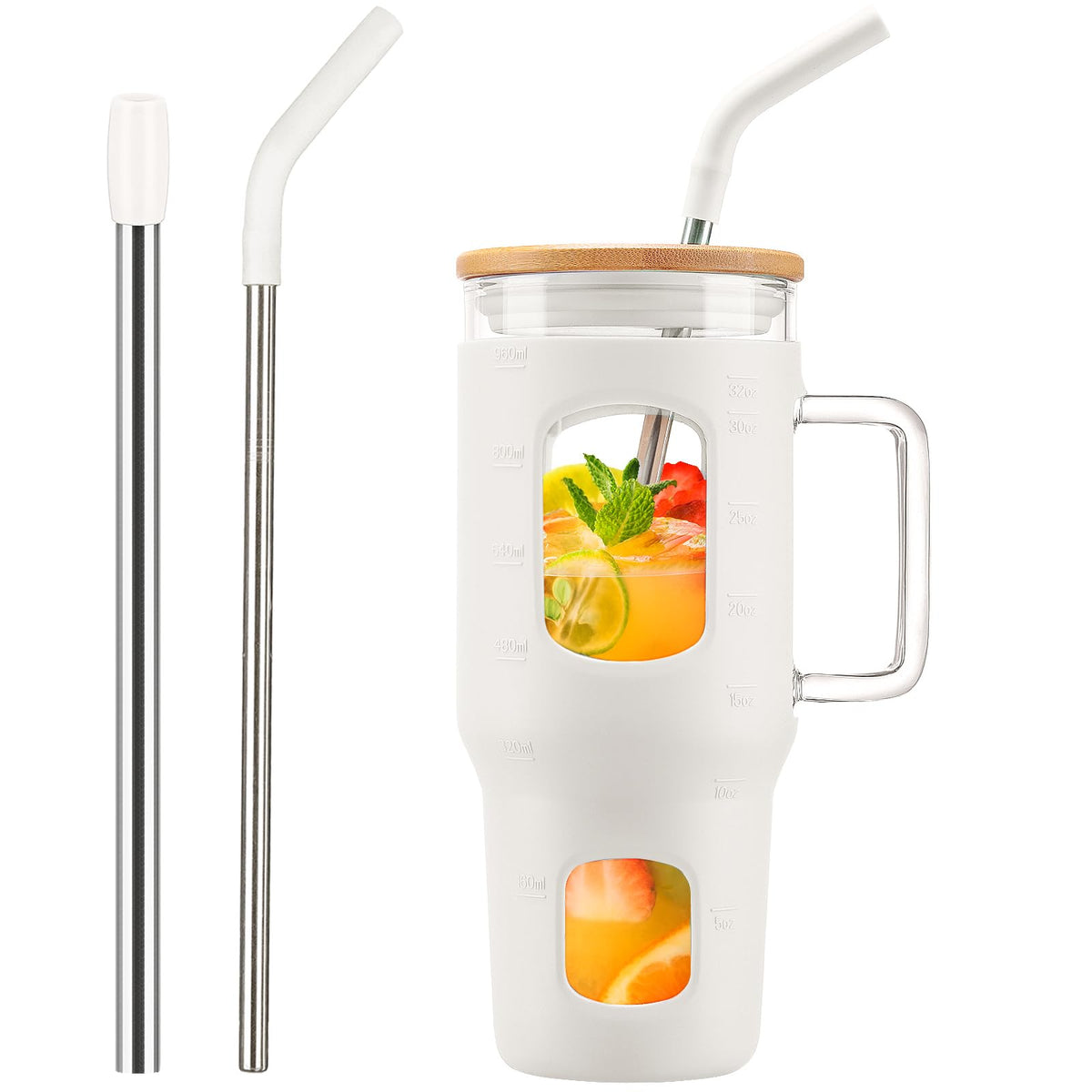 WINSA Glass Tumbler with Straw and Lid, 40 oz, Olive