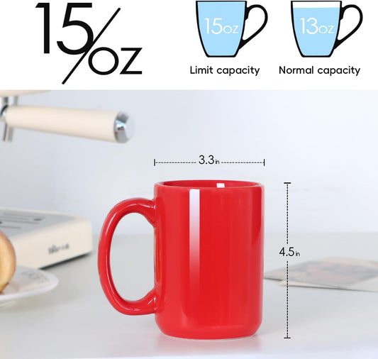 15 OZ Coffee Mug, Classic Blank Ceramic Cup with Large Handle for Tea Latte Cappuccino, Red