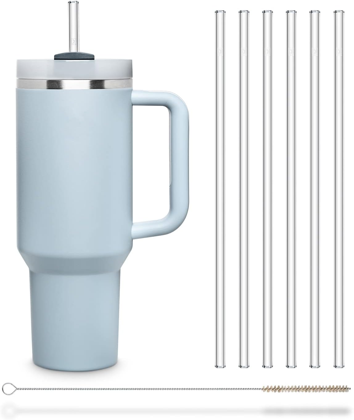Halm Glass Straws 6x 12 inch Long Replacement Straw for Stanley Quencher Cup 40 oz & 30 oz Plastic-Free Cleaning Brush - Reusable Drinking Straw Dishwasher Safe Made in Germany