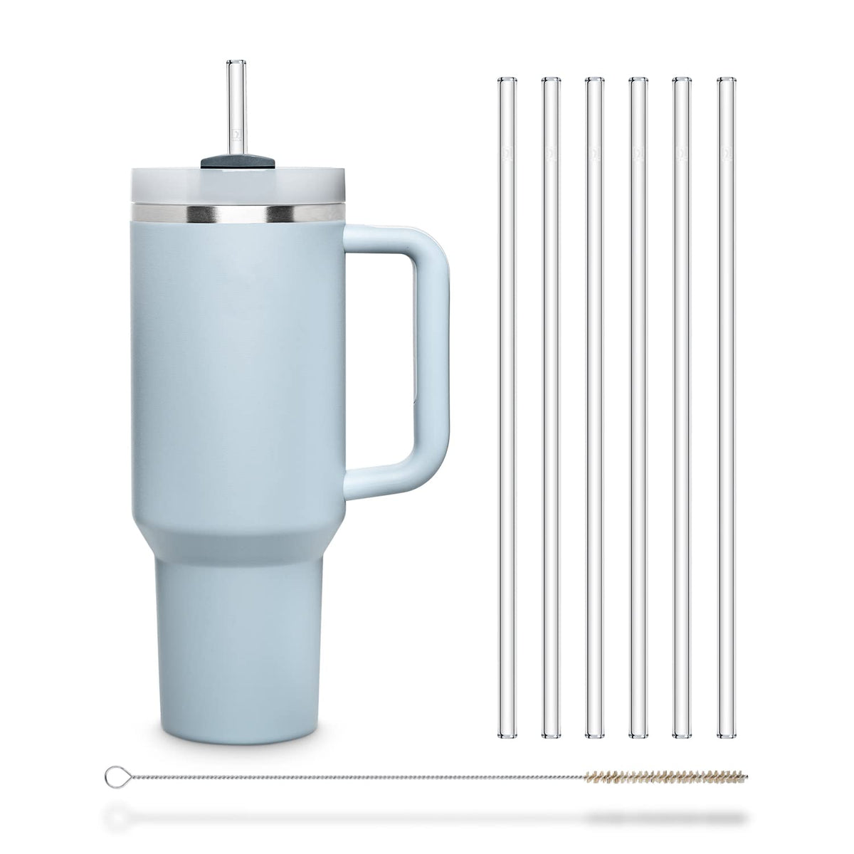 Halm Glass Straws 6x 12 inch Long Replacement Straw for Stanley Quencher Cup 40 oz & 30 oz Plastic-Free Cleaning Brush - Reusable Drinking Straw Dishwasher Safe Made in Germany