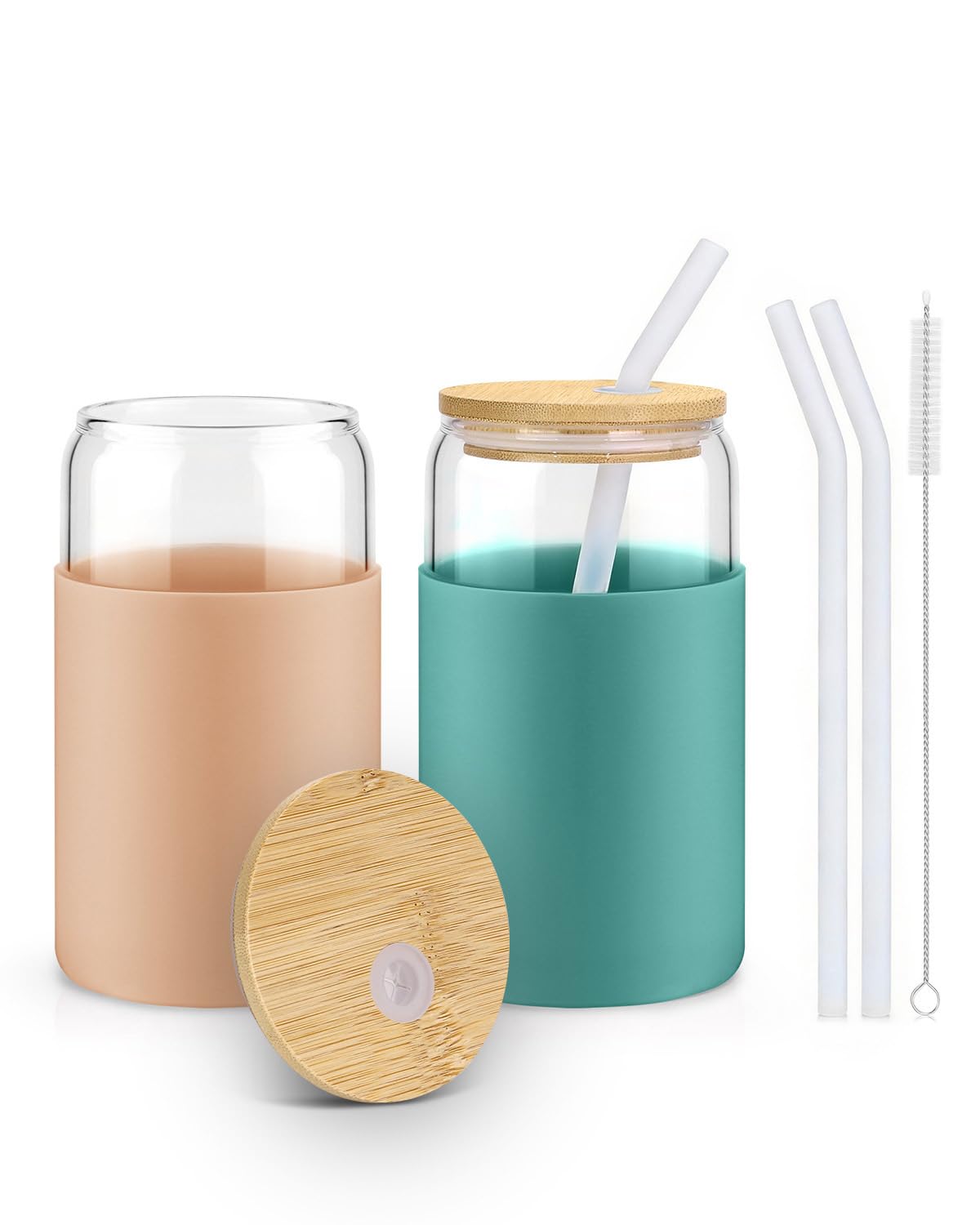 Glass Cups with Lids and Straws - 16 oz Glass Drinking Cups Set for Coffee