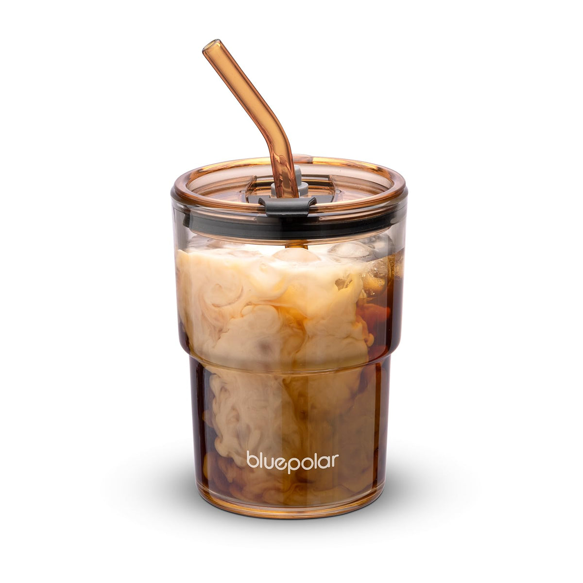 BLUEPOLAR 13oz/400ml Iced Coffee Cups with Lids and Straw，Sealed Carry On Thick Wall Glass Matcha Tumbler for Juice，Water, Late,Tea Fits Car Cup Holders for Office，Gym(Aurora White