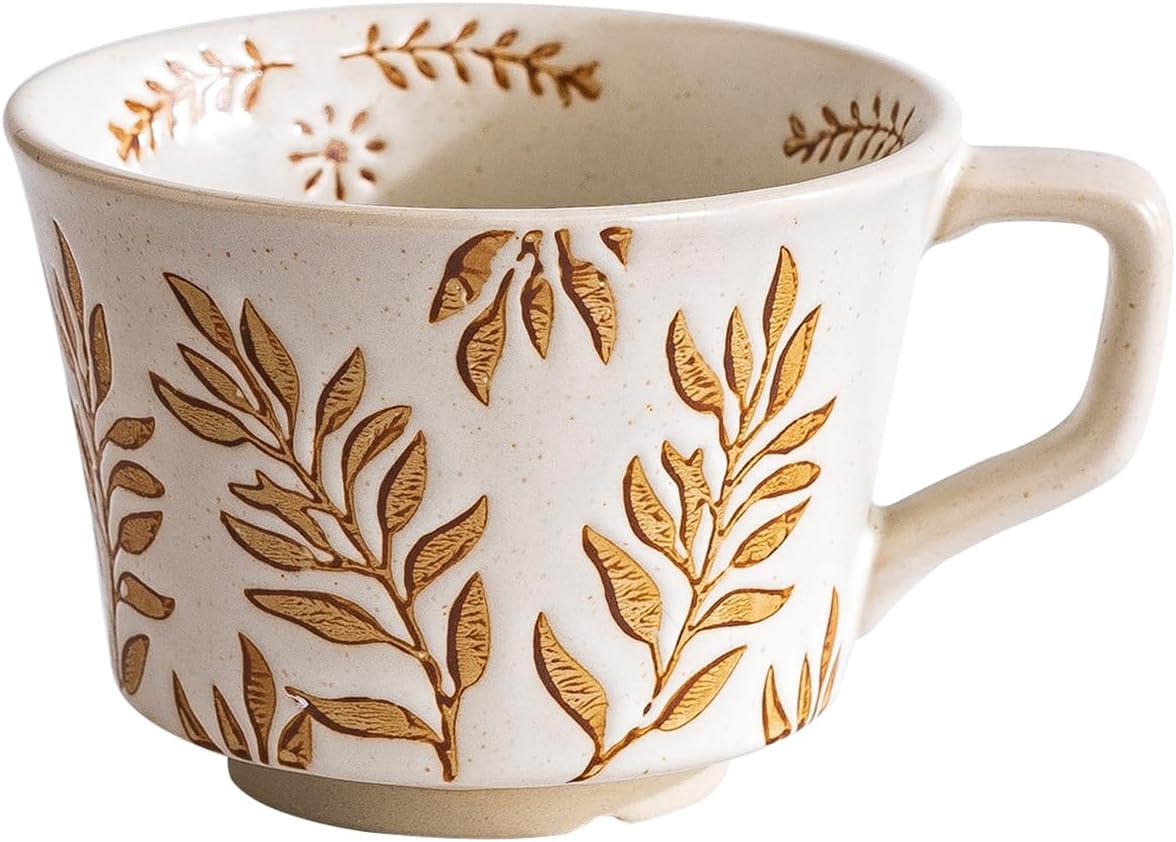 Ceramic Mug, 11oz - Vintage Cups Mug for Coffee Milk Latte Cappuccino Tea, Porcelain Cups Dishwasher Microwave Freezer Safe Stoneware (Brown Leaf Mug 1 pc)
