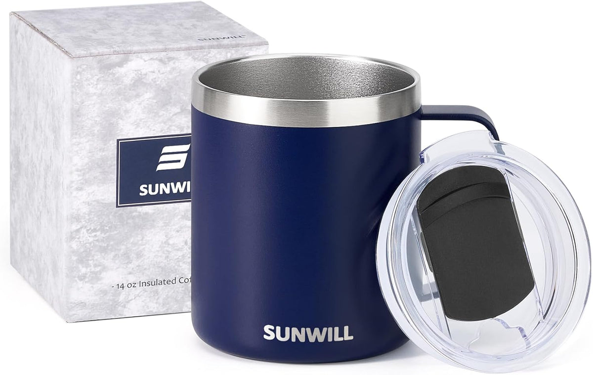 SUNWILL Insulated Coffee Mug, Stainless Steel 14 oz, Splash-Proof Lid