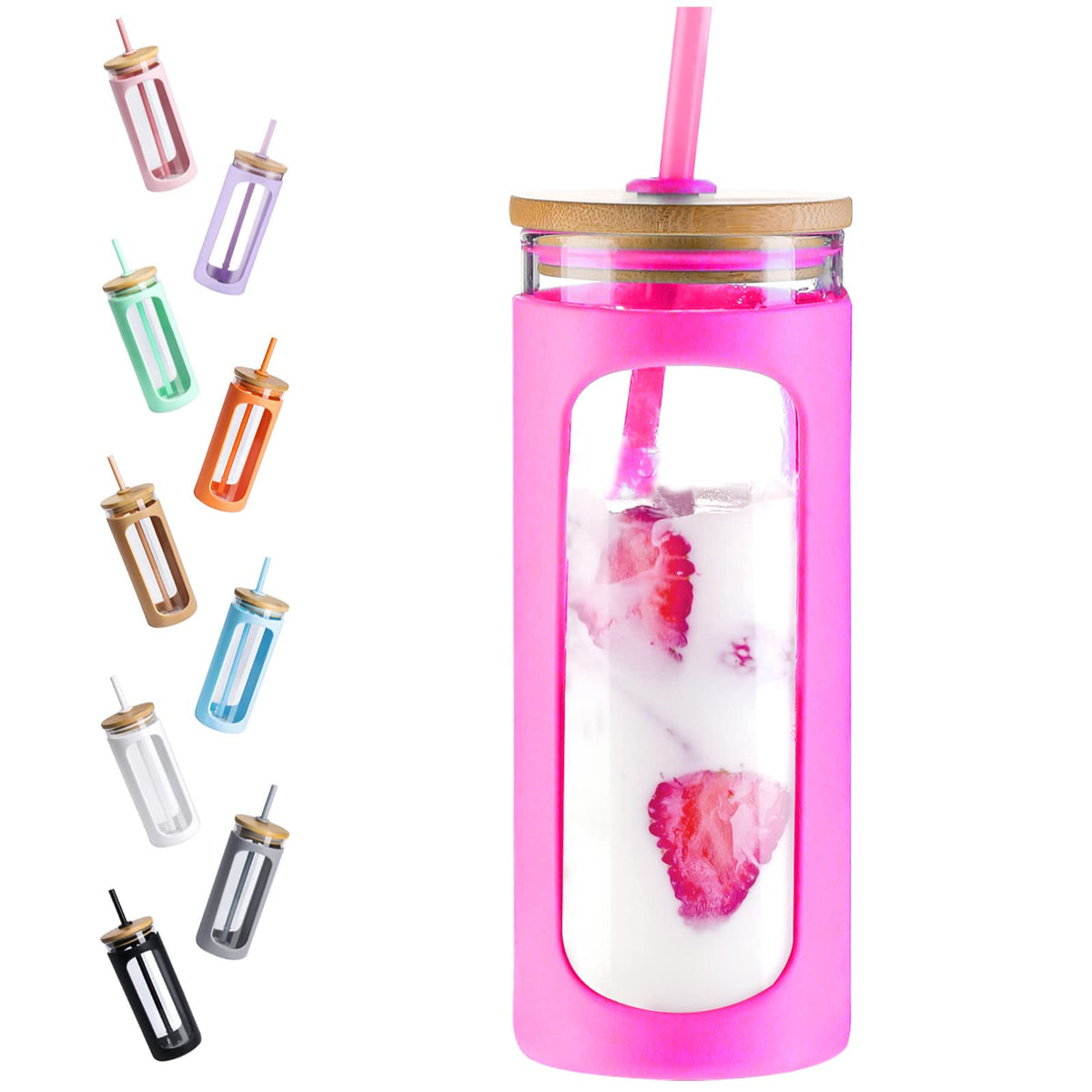 Kodrine 20oz Glass Water Tumbler with Straw and Lid, Bamboo Lids Water Bottle, Iced Coffee Cup Reusable, Wide Mouth Smoothie Cups with Protective Silicone Sleeve BPA FREE-Amber