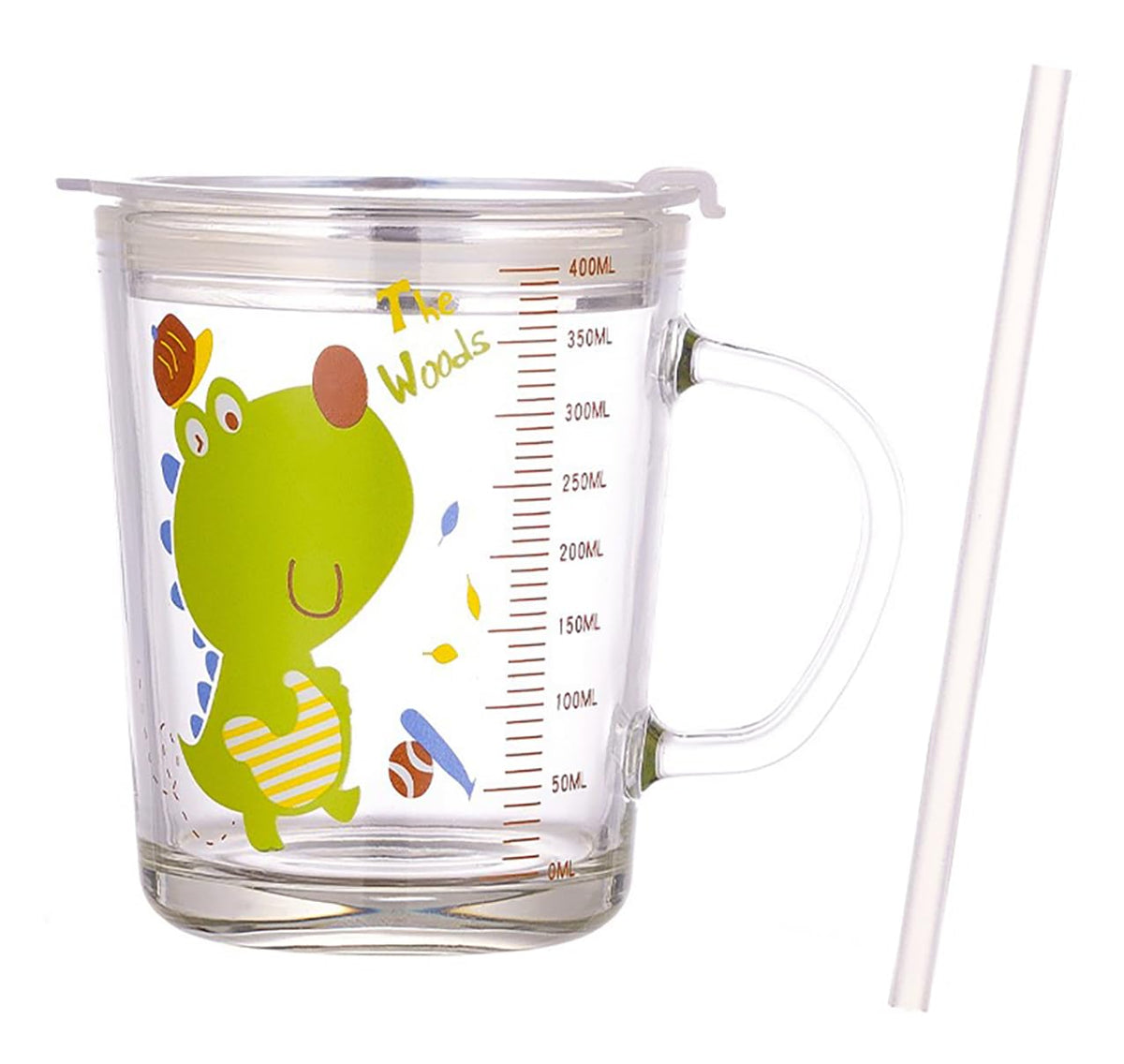 Kids Straw Cup with Lid and Handle,14oz Cute Glass Tumbler with Scale for Water, Tea, Milk Coffee